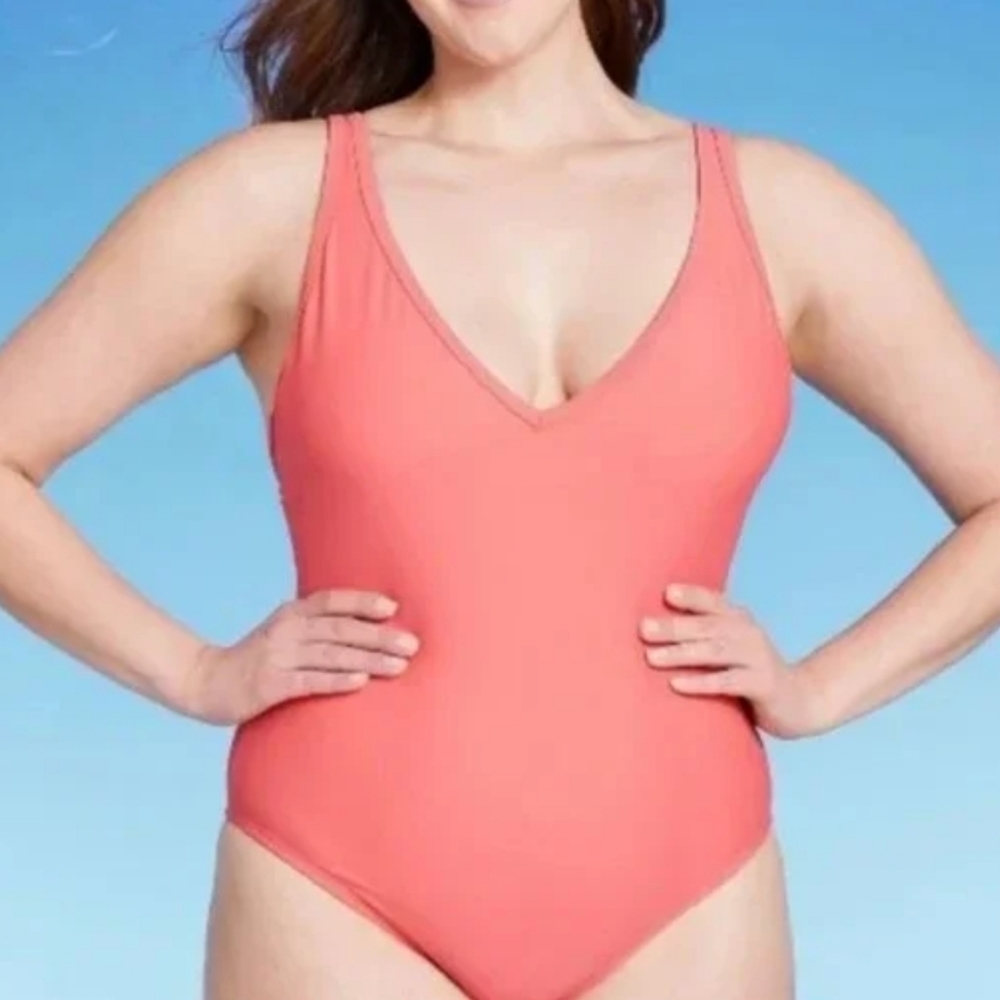Kona Sol Peach V-neck High Leg Swimsuit Size L NWOT
